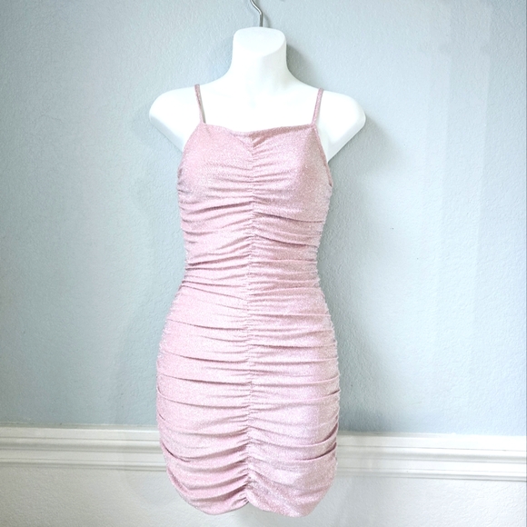 Mebius light pink midi dress | ruched with shimmery fabric | holiday or hoco - Picture 1 of 6
